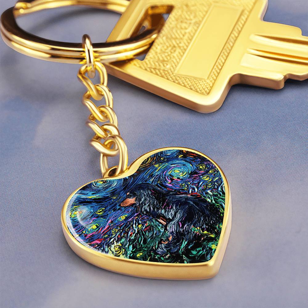 Long Hair Black and Tan Dachshund Starry Night Heart Keychain