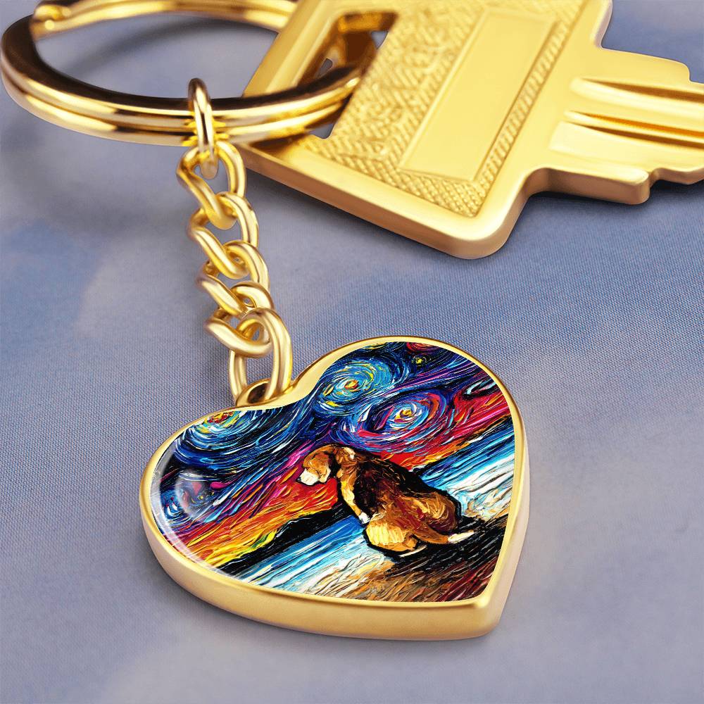 Beagle at the Beach Starry Night Heart Keychain