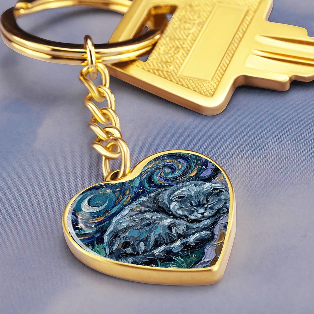 Sleepy Scottish Fold Night Heart Keychain