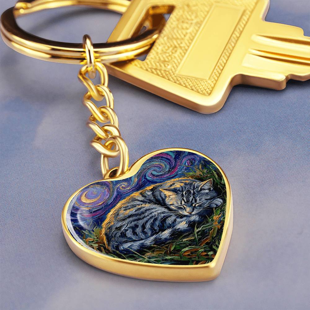Sleepy American Shorthair Tabby Heart Keychain