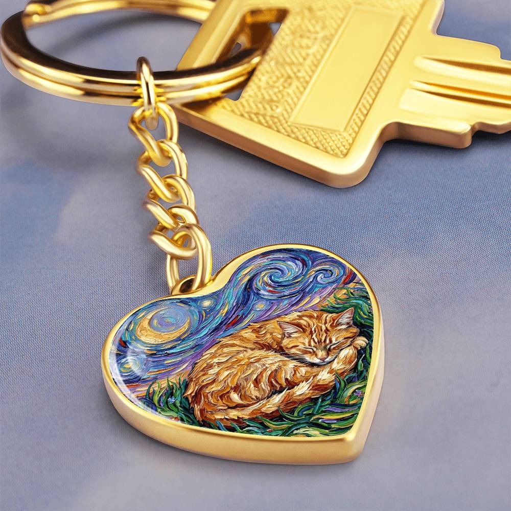 Sleepy Orange Tabby Night Heart Keychain