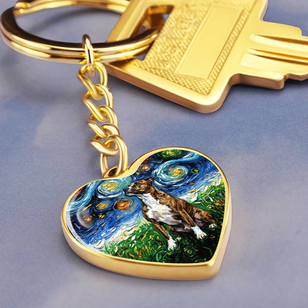 Staffordshire Bull Terrier Starry Night Heart Keychain