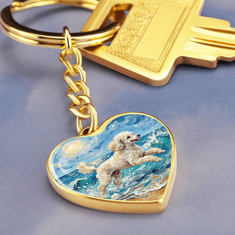 Beach Day - White Toy Poodle Heart Keychain