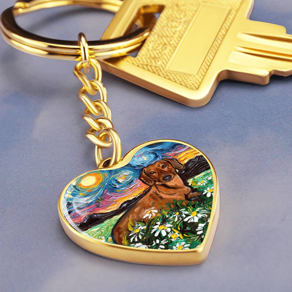 Brown Dachshund and Flowers Starry Night Heart Keychain
