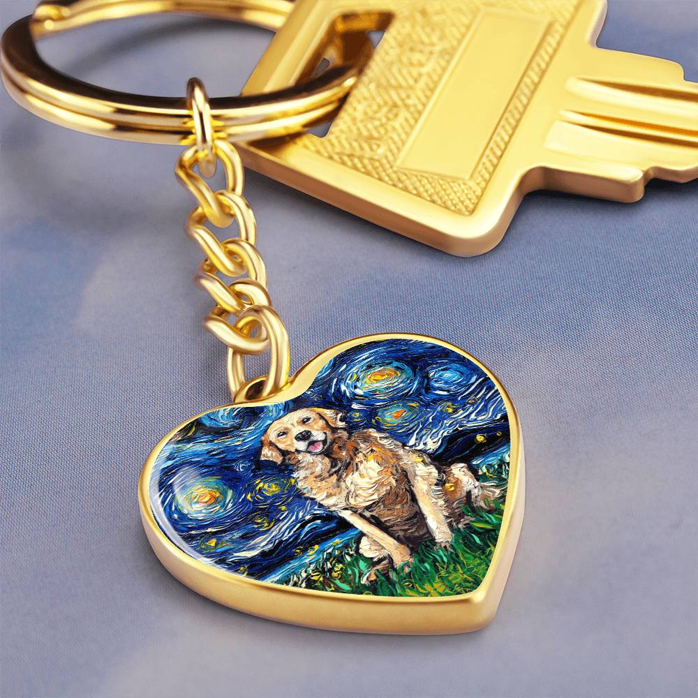 Golden Retriever Starry Night Heart Keychain