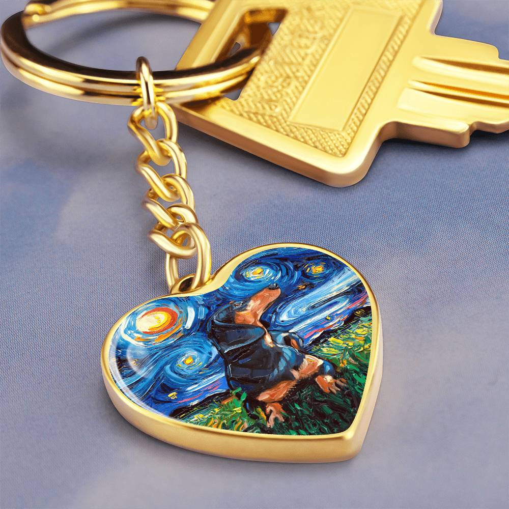 Black and Tan Dachshund Starry Night Heart Keychain