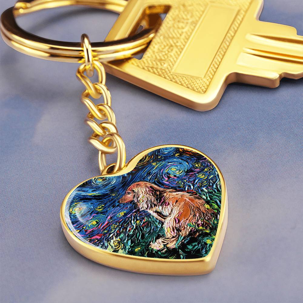 Long Hair Brown Dachshund Starry Night Heart Keychain