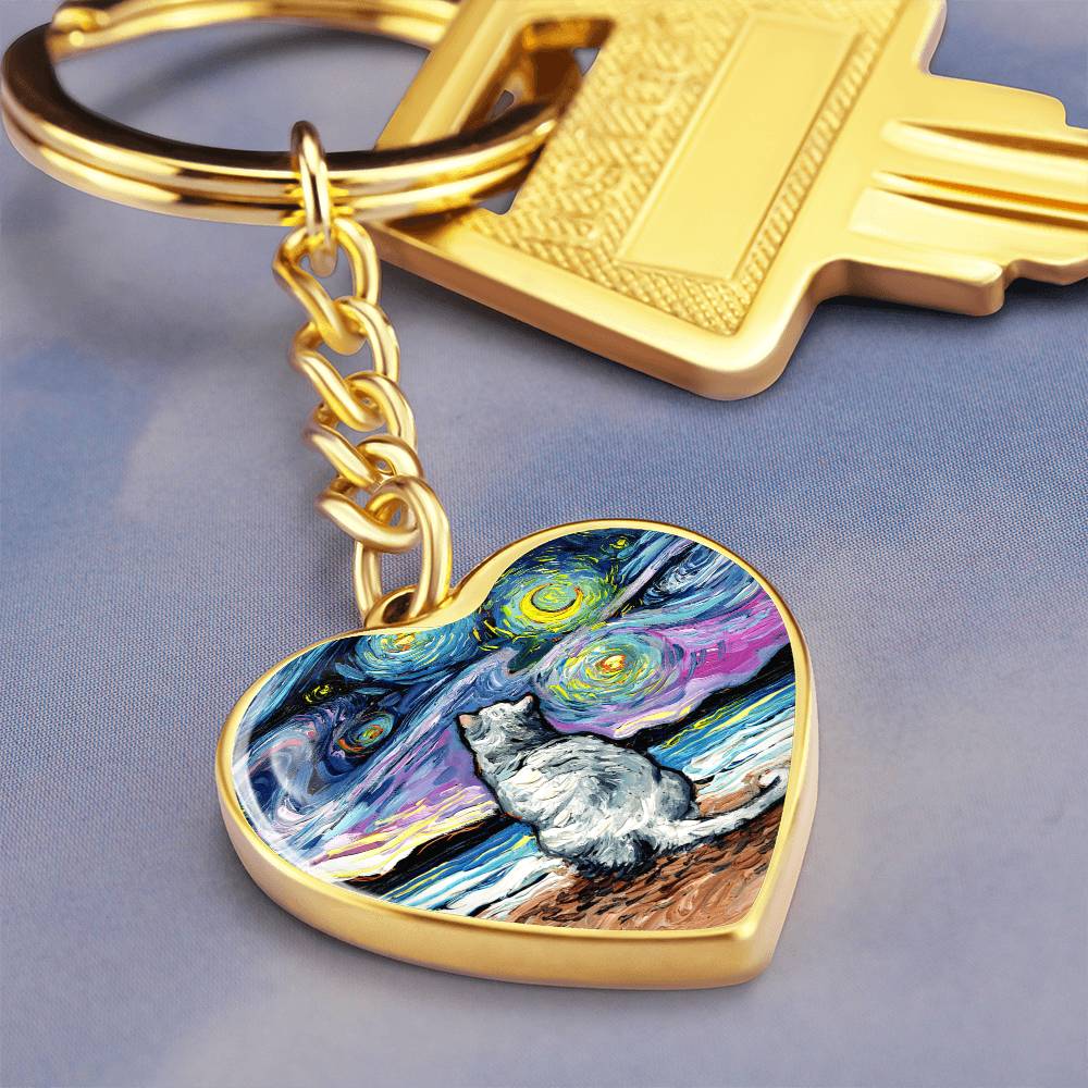 White Cat Night 2 Starry Night Heart Keychain