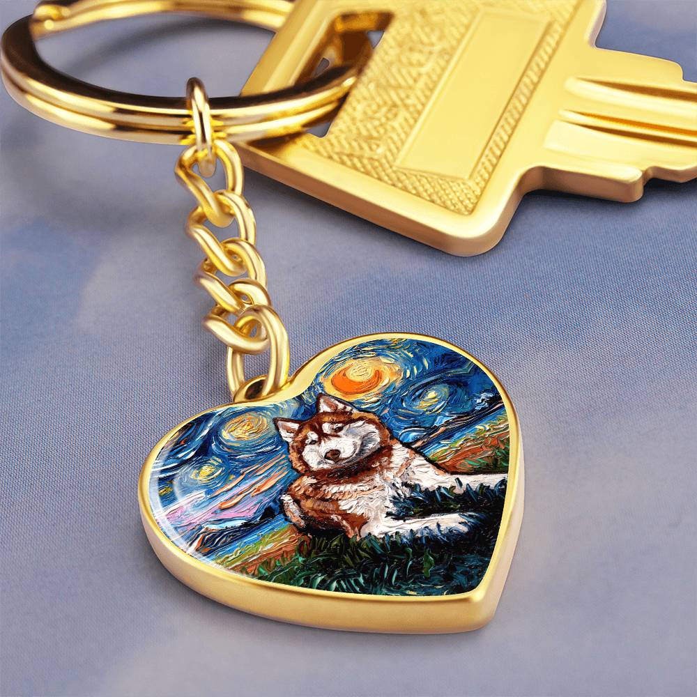 Red Husky Starry Night Heart Keychain