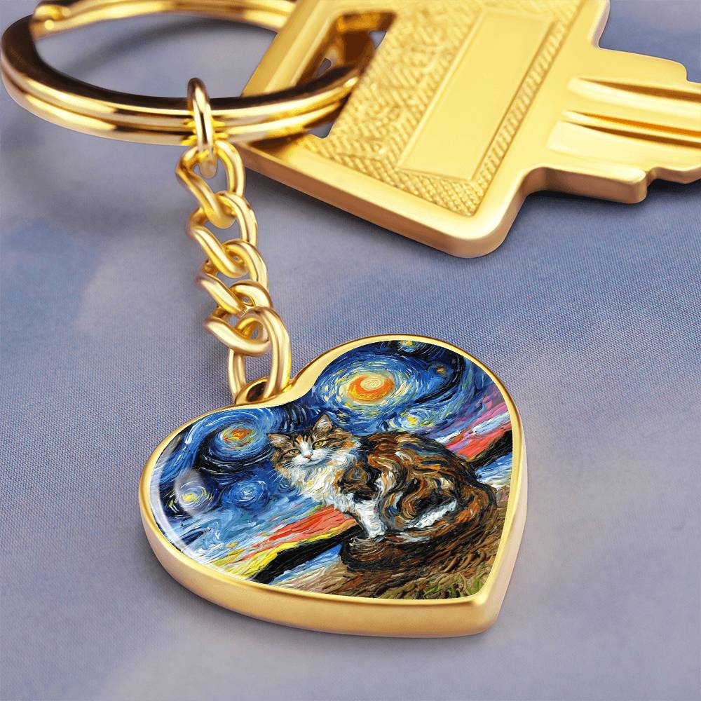 Calico Cat 2 Starry Night Heart Keychain
