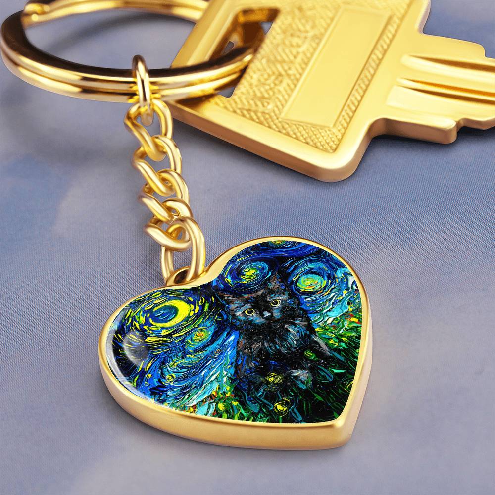 Black Cat Starry Night Heart Keychain