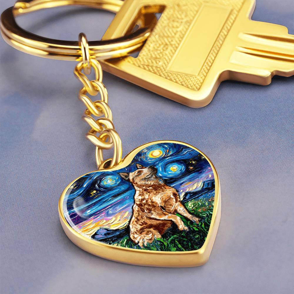 Red Heeler Starry Night Heart Keychain