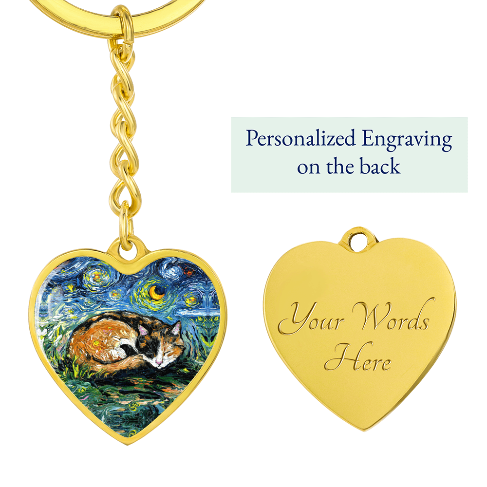 Sleeping Calico Cat Starry Night Heart Keychain