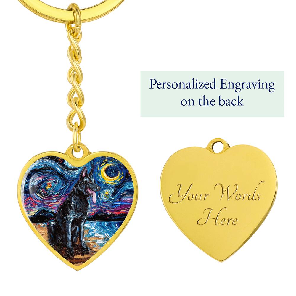 Black German Shepherd Starry Night Heart Keychain