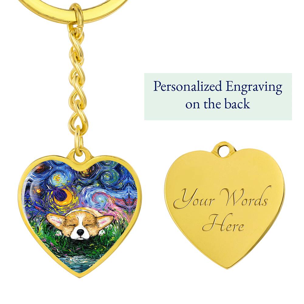 Sleeping Corgi Starry Night Heart Keychain