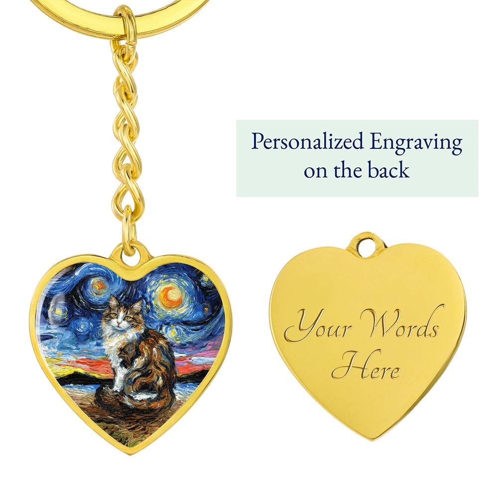 Calico Cat 2 Starry Night Heart Keychain