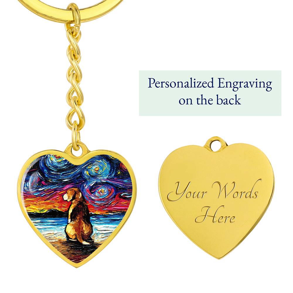 Beagle at the Beach Starry Night Heart Keychain