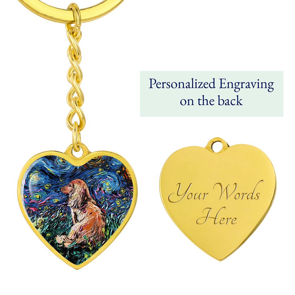 Long Hair Brown Dachshund Starry Night Heart Keychain