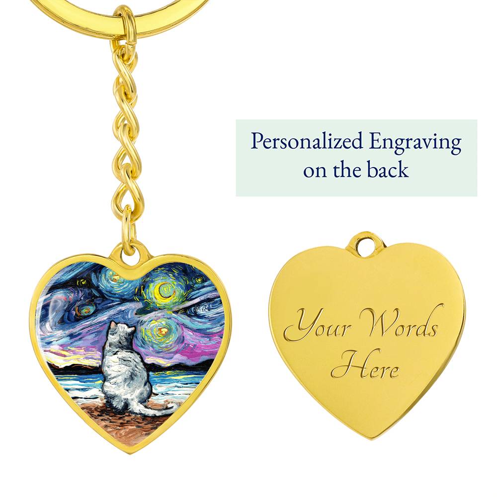 White Cat Night 2 Starry Night Heart Keychain