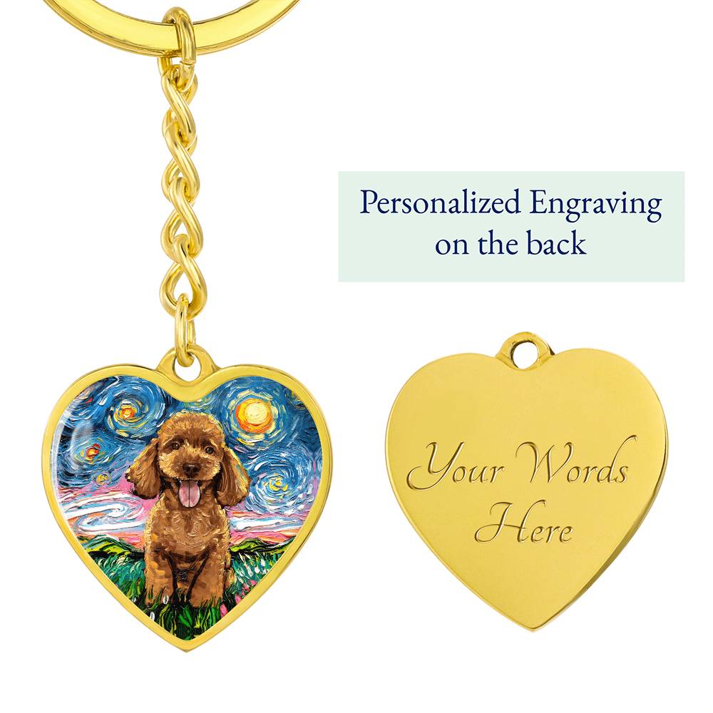 Apricot Poodle Puppy Starry Night Heart Keychain
