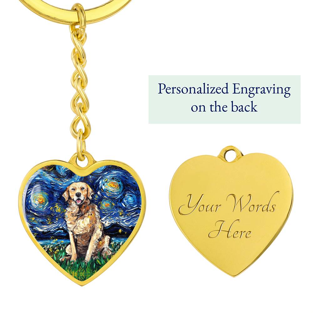Golden Retriever Starry Night Heart Keychain