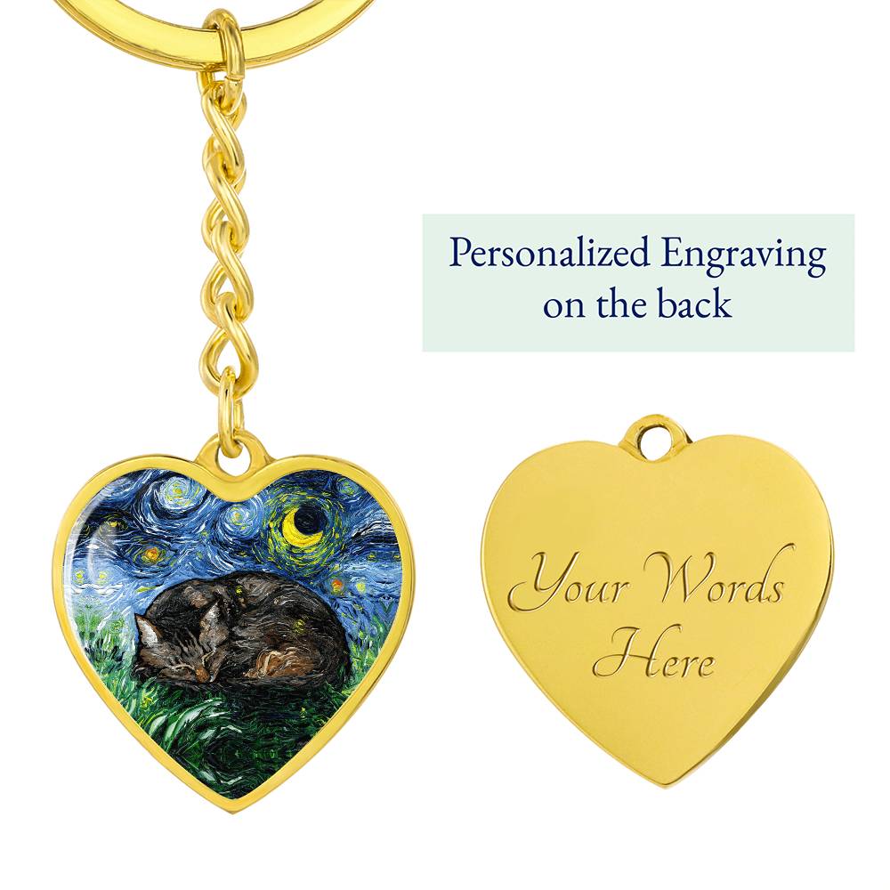 Sleeping Brown Tabby Cat Starry Night Heart Keychain