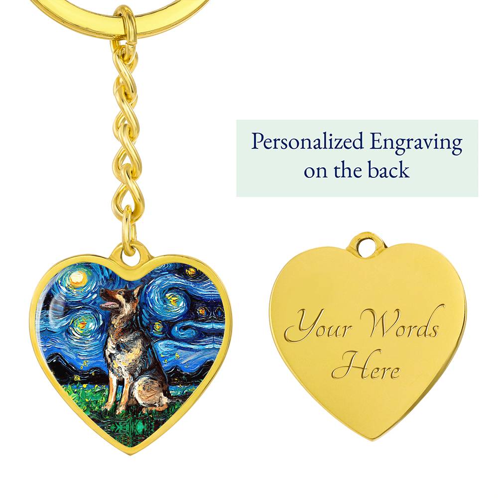 German Shepherd Starry Night Heart Keychain