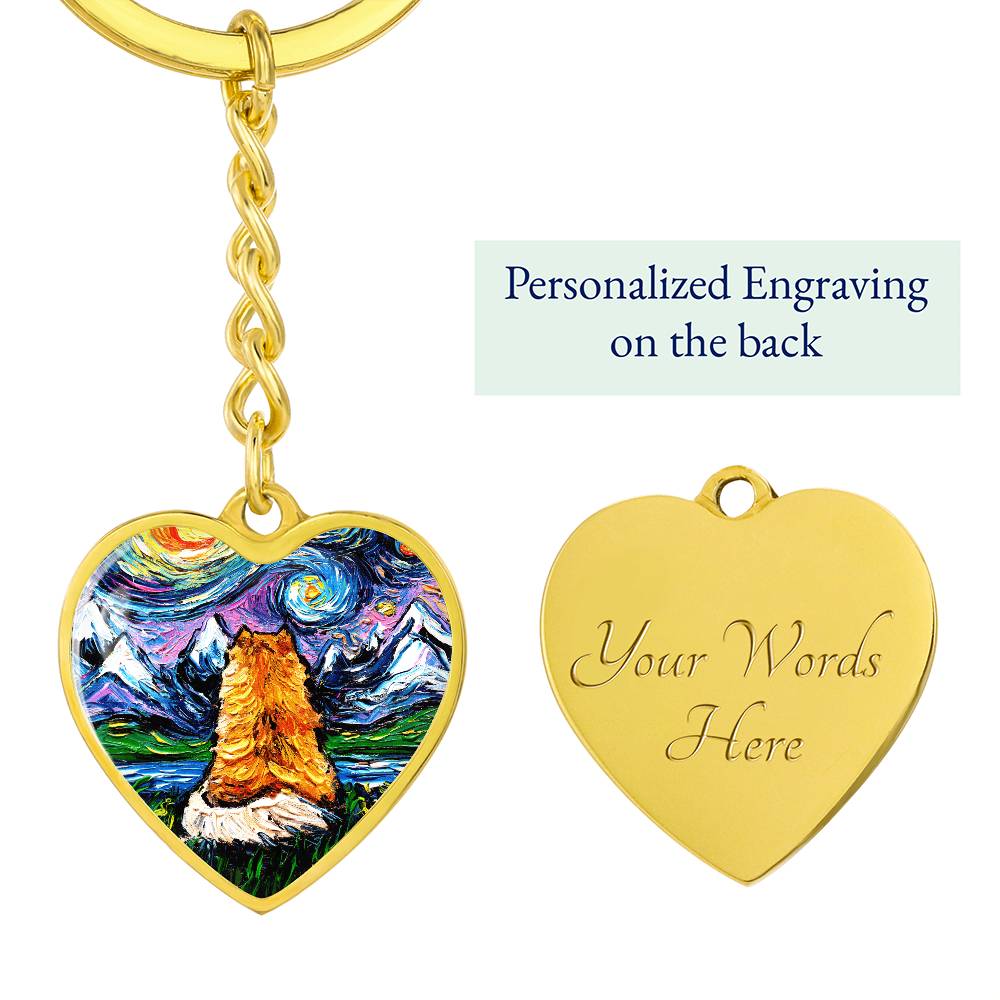 Pomeranian Back Starry Night Heart Keychain