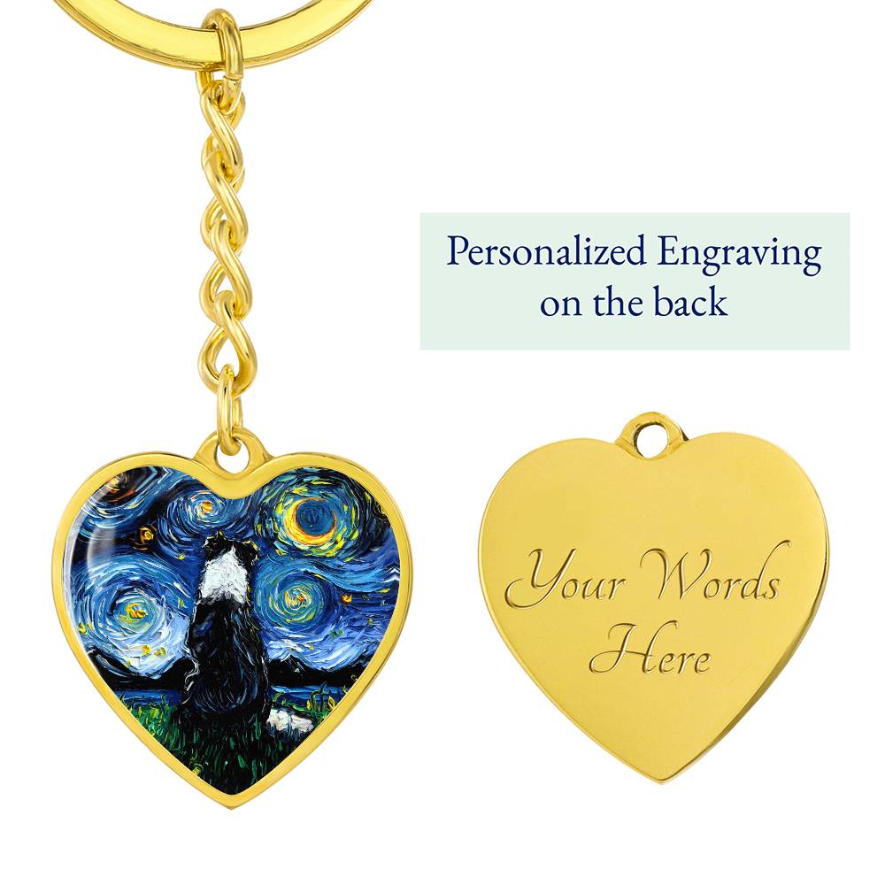 Border Collie Back Starry Night Heart Keychain
