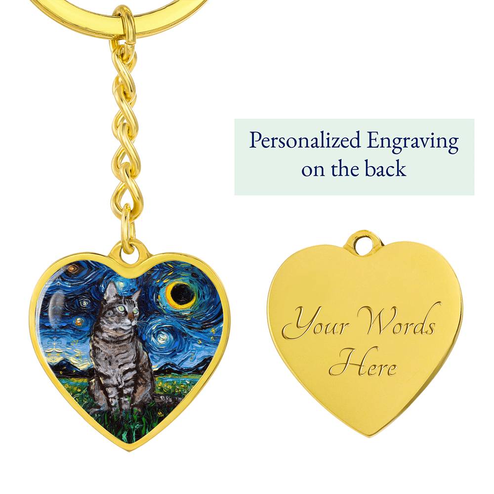 Tabby Cat Starry Night Heart Keychain