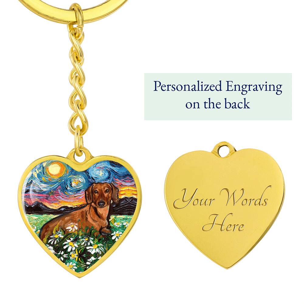 Brown Dachshund and Flowers Starry Night Heart Keychain