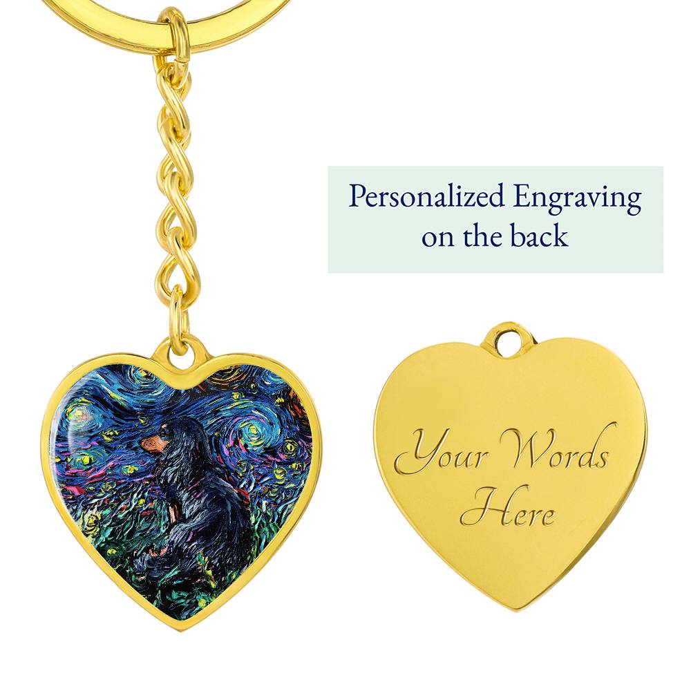 Long Hair Black and Tan Dachshund Starry Night Heart Keychain