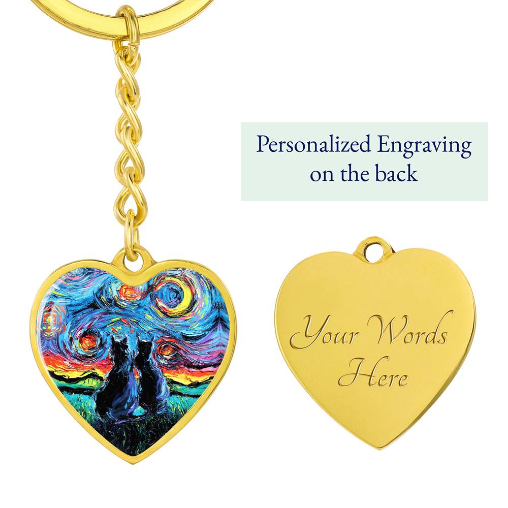 Van Gogh;s Cats Starry Night Heart Keychain