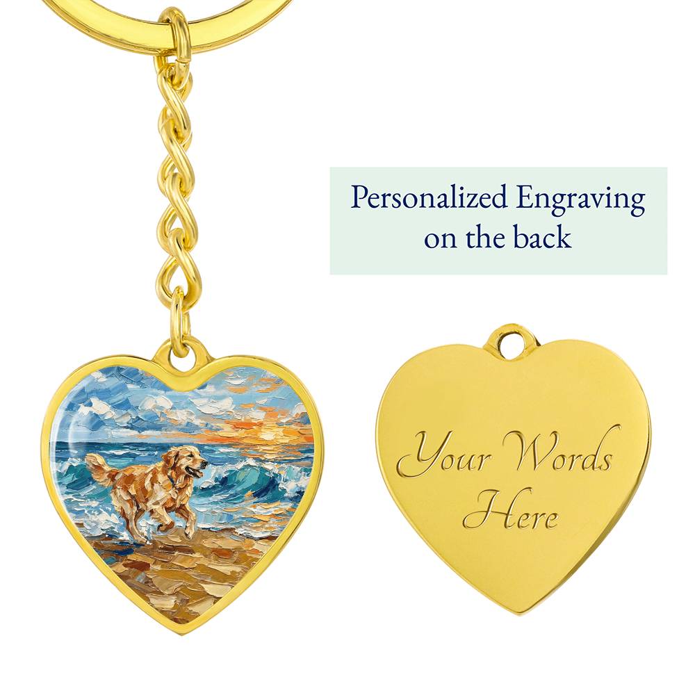 Frolicking Golden Retriever Heart Keychain