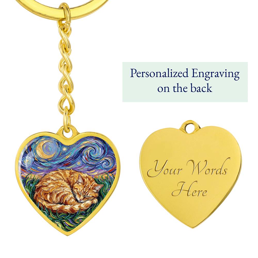 Sleepy Orange Tabby Night Heart Keychain