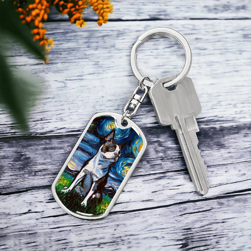 Boston Terrier starry Night Dog Tag Keychain