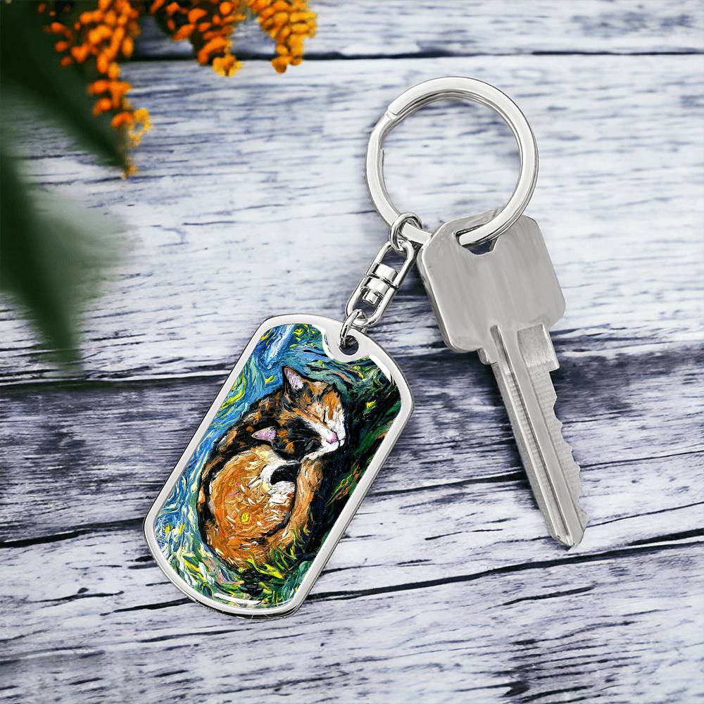 Sleeping Calico Dog Tag Keychain