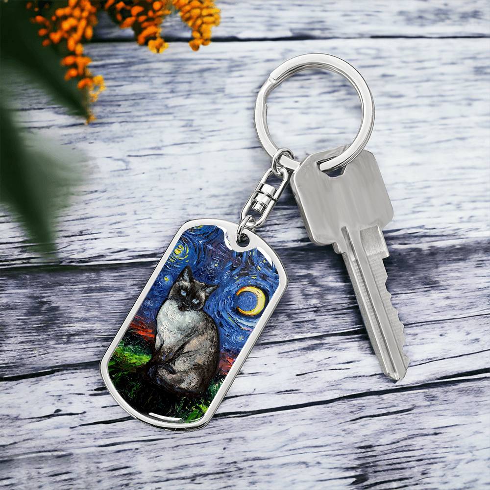 Siamese  Cat Starry Night Dog Tag Keychain