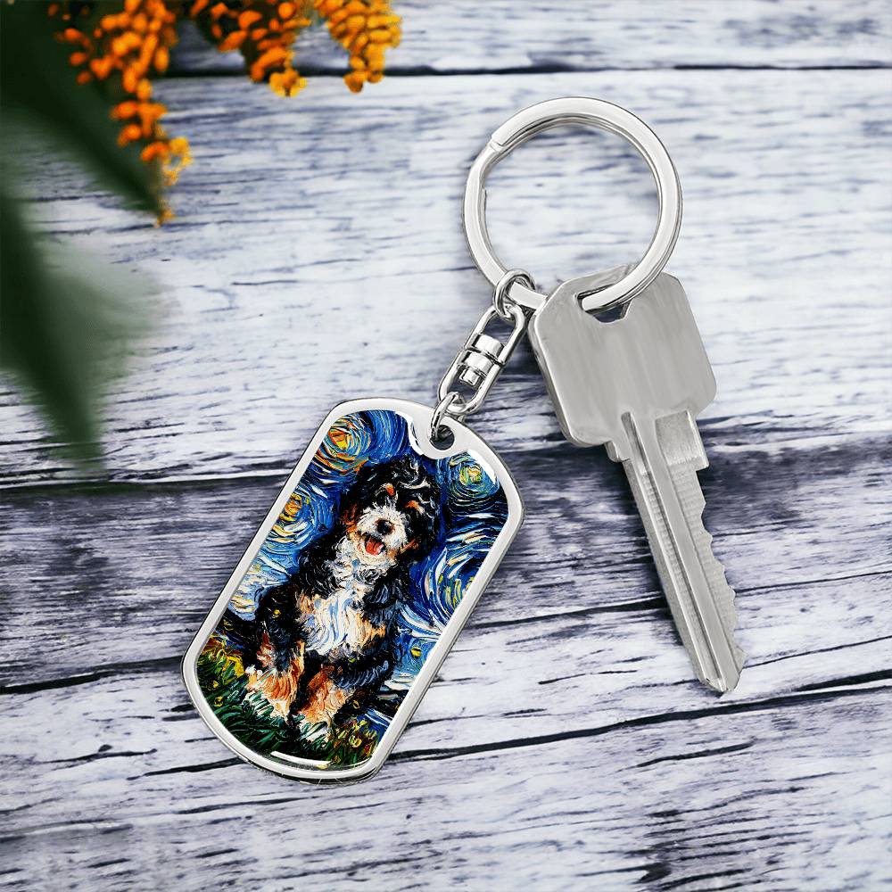 Bernedoodle Starry Night Dog Tag Keychain