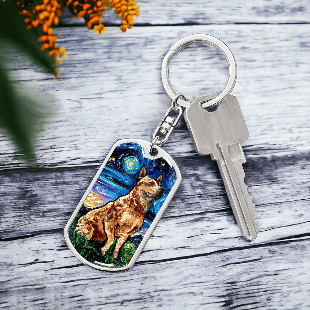 Red Heeler Starry Night Dog Tag Keychain