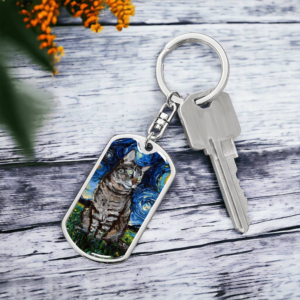 Tabby Cat Starry Night Dog Tag Keychain