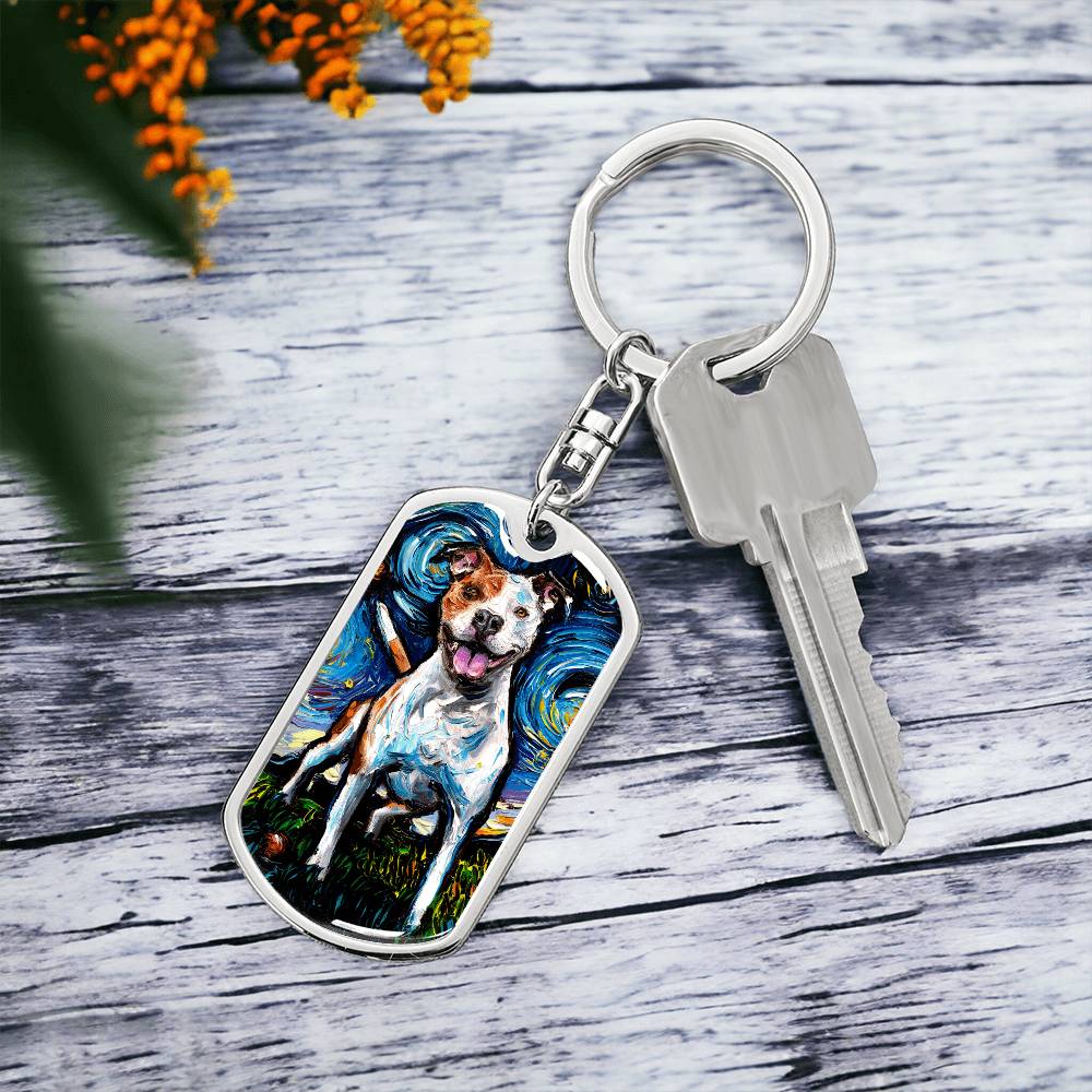 Happy Pitbull Starry Night Dog Tag Keychain