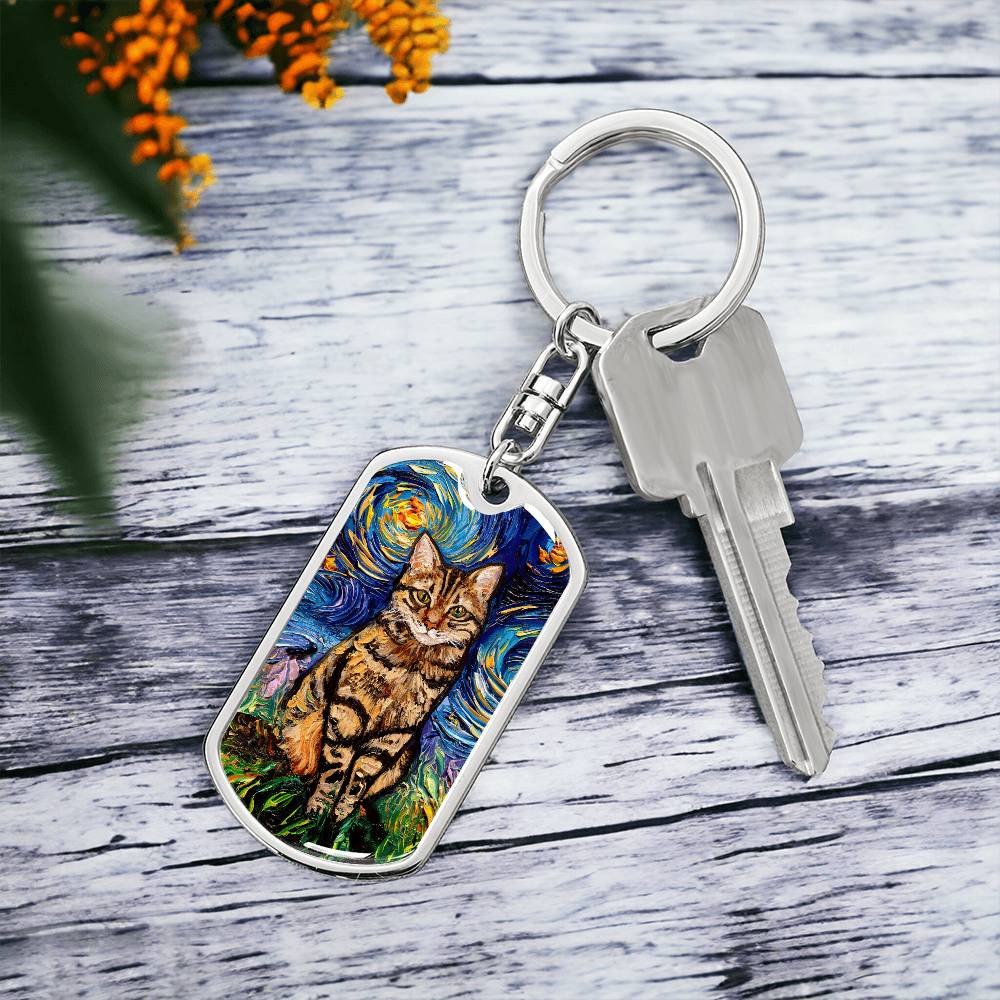 Brown Tabby Cat Starry Night Dog Tag Keychain