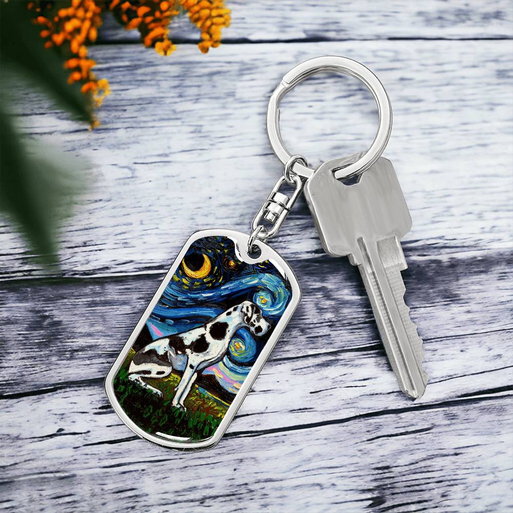 Harlequin Great Dane Starry Night Dog Tag Keychain