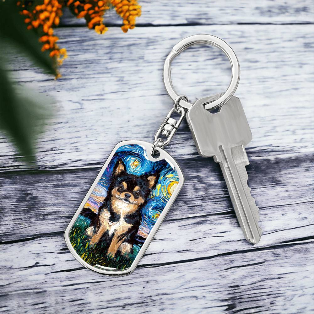 Black and Tan Long Hair Chihuahua Starry Night Dog Tag Keychain