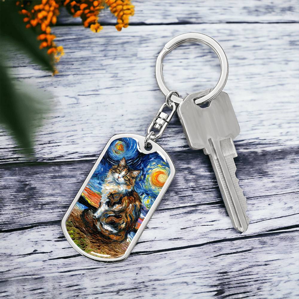 Calico Cat 2 Starry Night Dog Tag Keychain