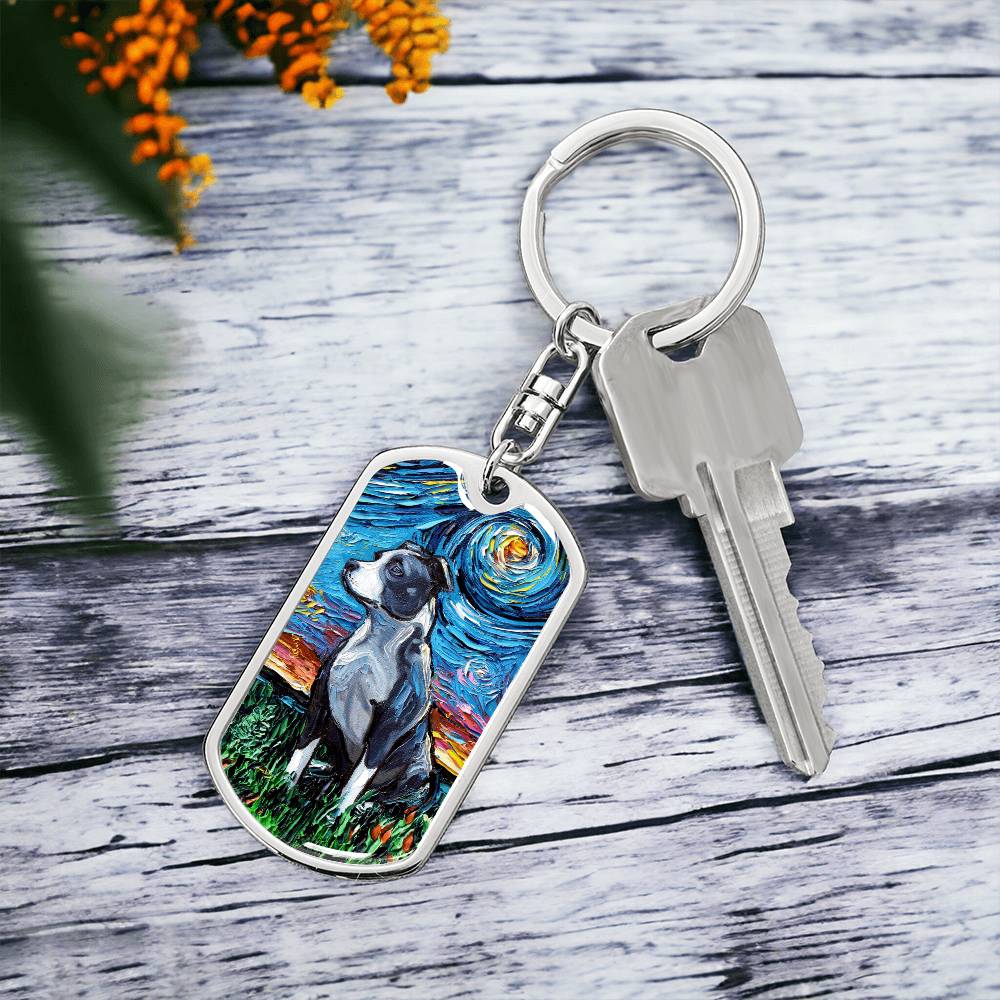 Pitbull Starry Night Dog Tag Keychain