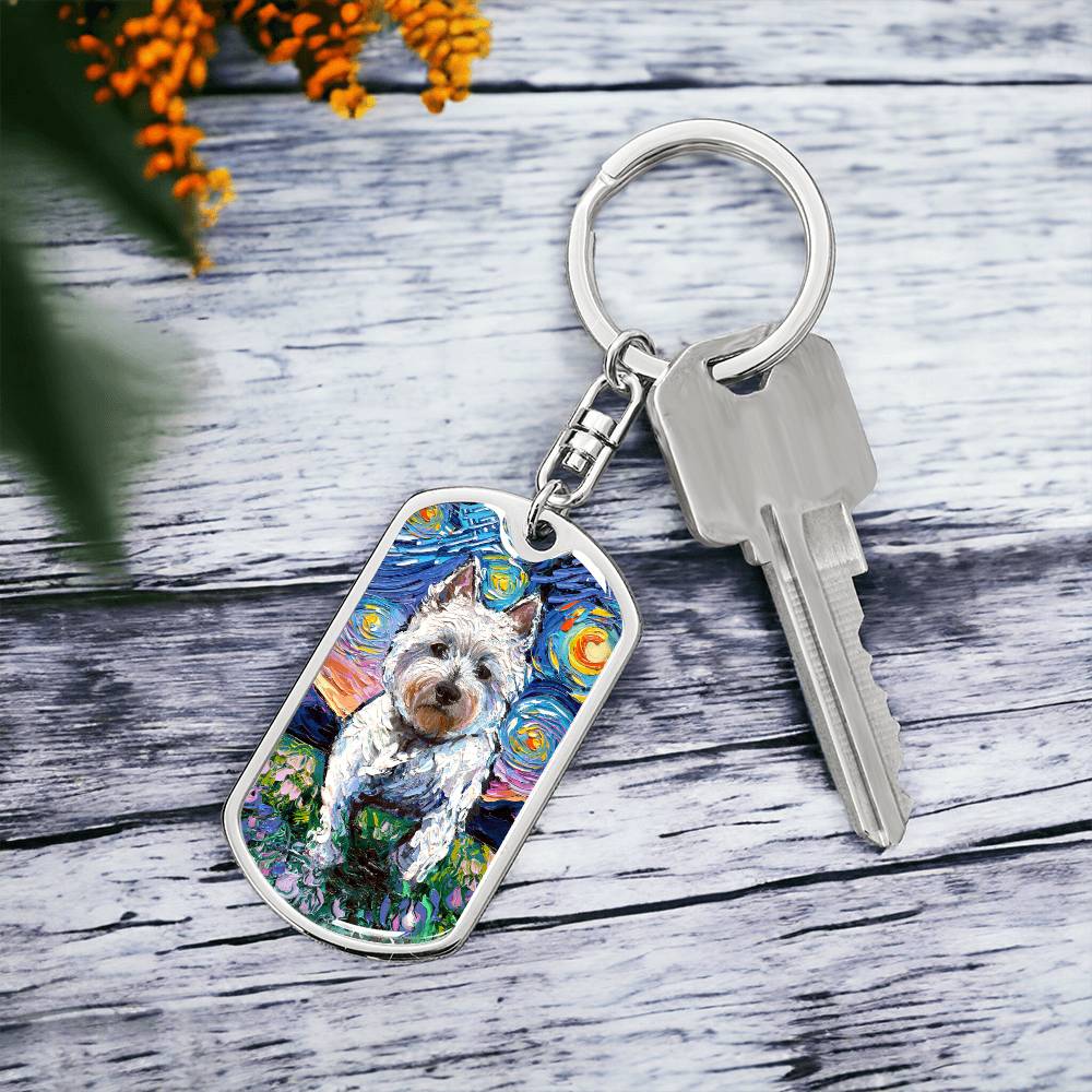 Westie and Flowers Starry Night Dog Tag Keychain