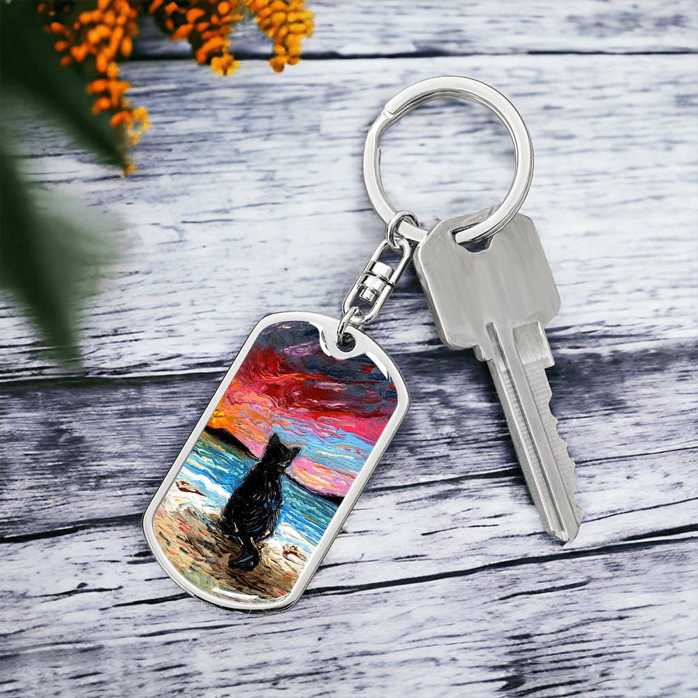 Beach Days - Black Cat Starry Night Dog Tag Keychain