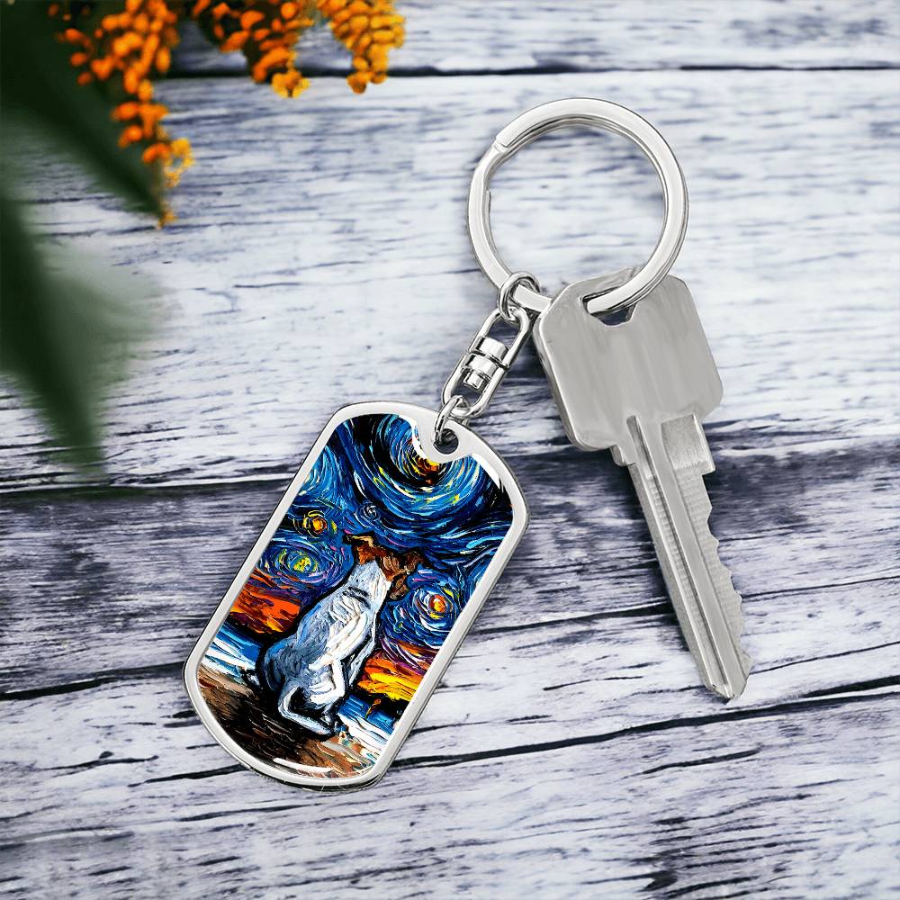 Jack Russell Terrier at the Beach Starry Night Dog Tag Keychain